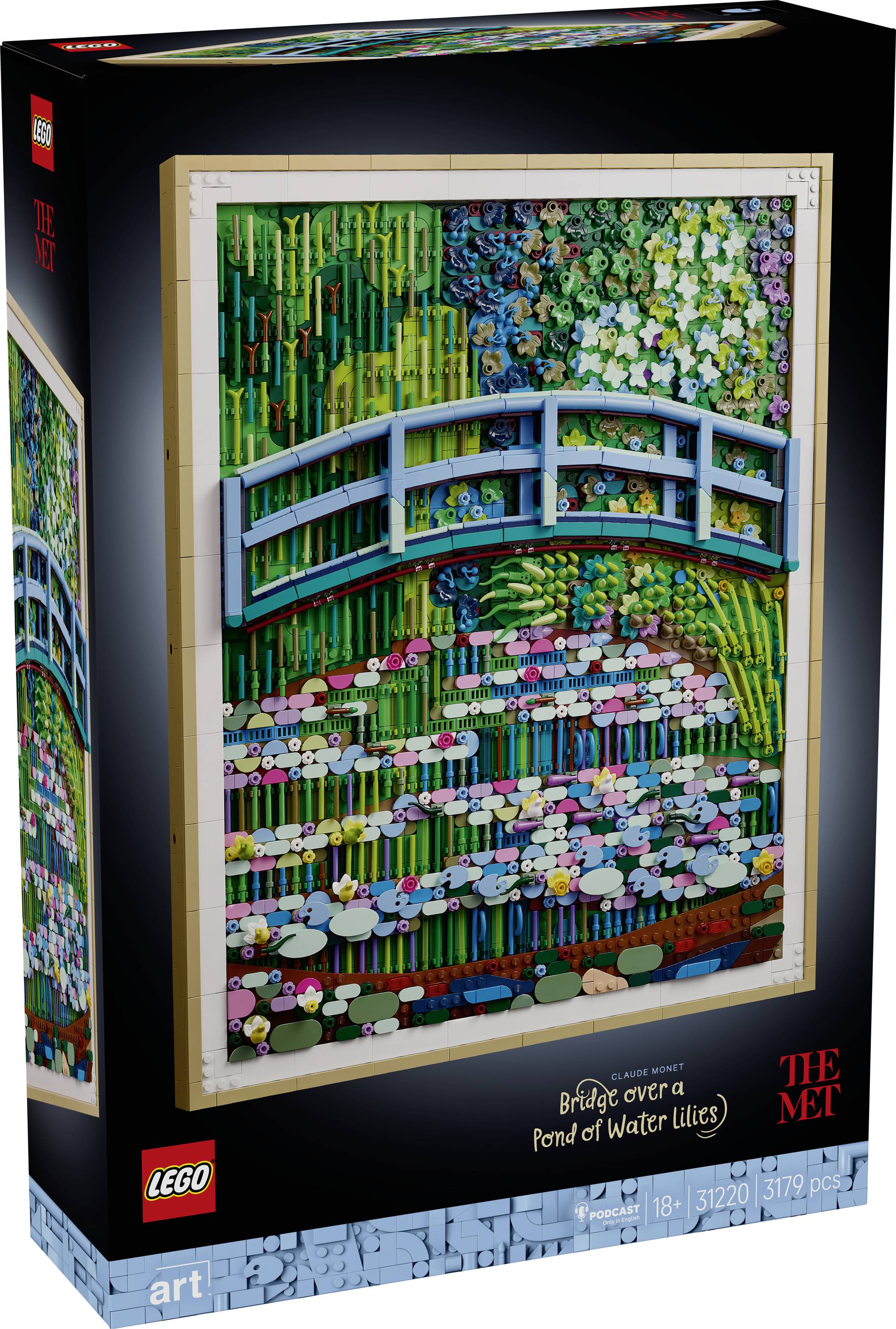 LEGO art set 'The Met: Bridge over a Pond of Water Lilies' depicts Monet's iconic scene with a colorful bridge and lily-filled pond.