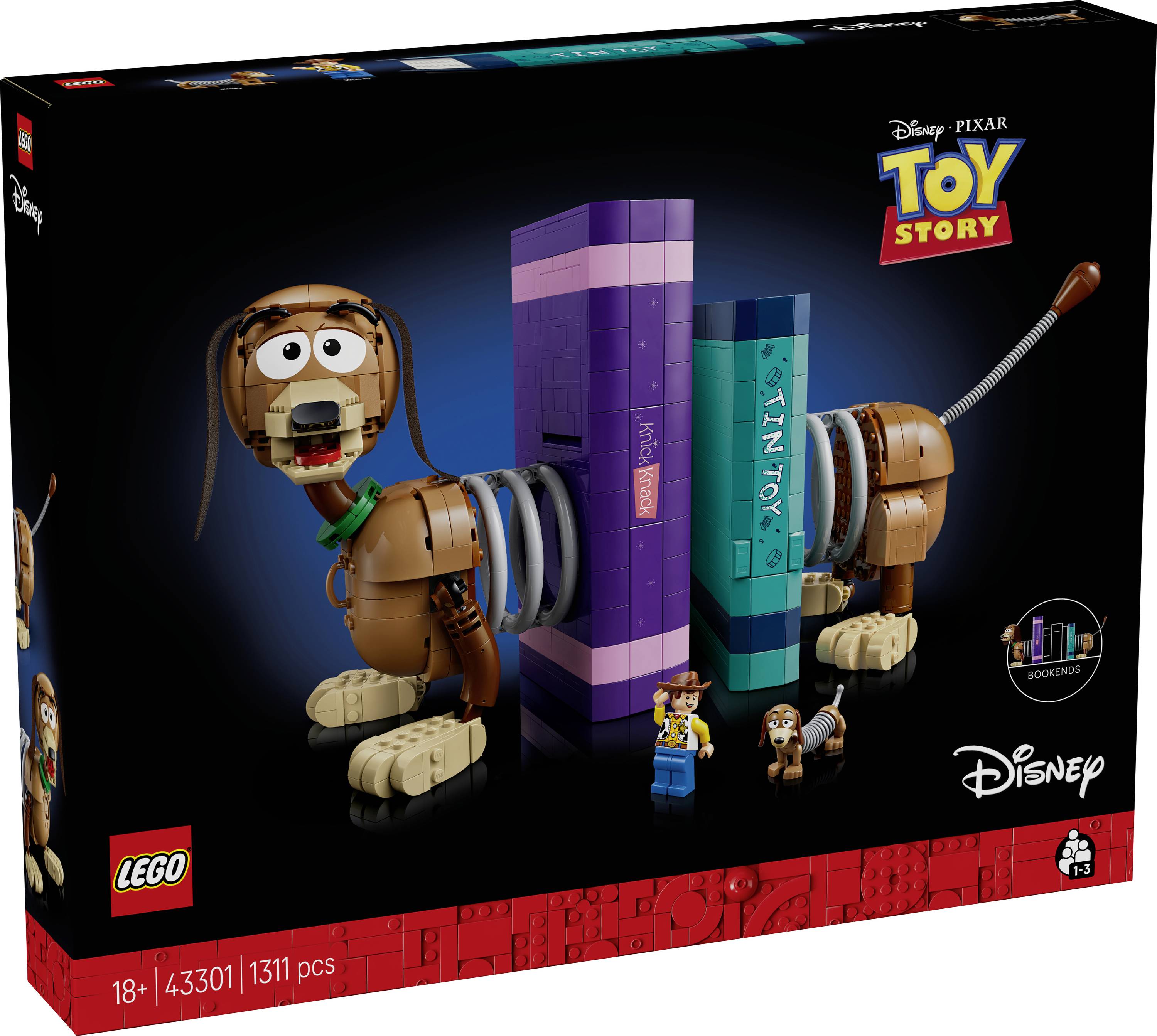 LEGO Disney Pixar Toy Story 18+ building set box featuring a brick-built Slinky Dog figure and figures from the movie.