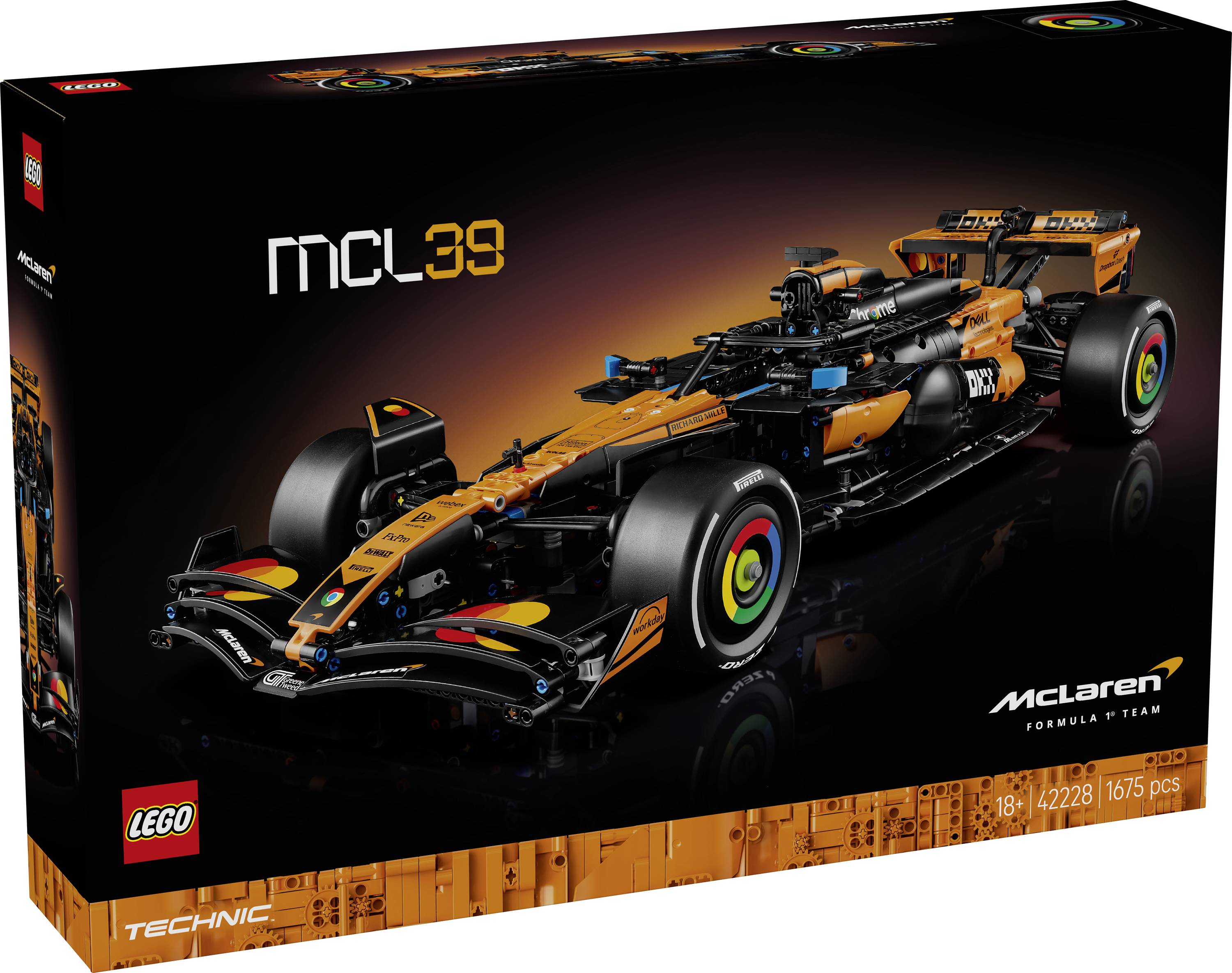 Lego Technic McLaren Formula 1 set box showing a detailed model car, featuring aerodynamic design and technical elements.