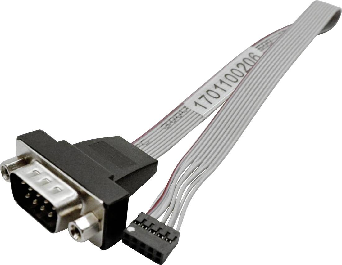 A VGA to ribbon cable adapter with a 9-pin connector on one end and a 10-pin connector on the other.