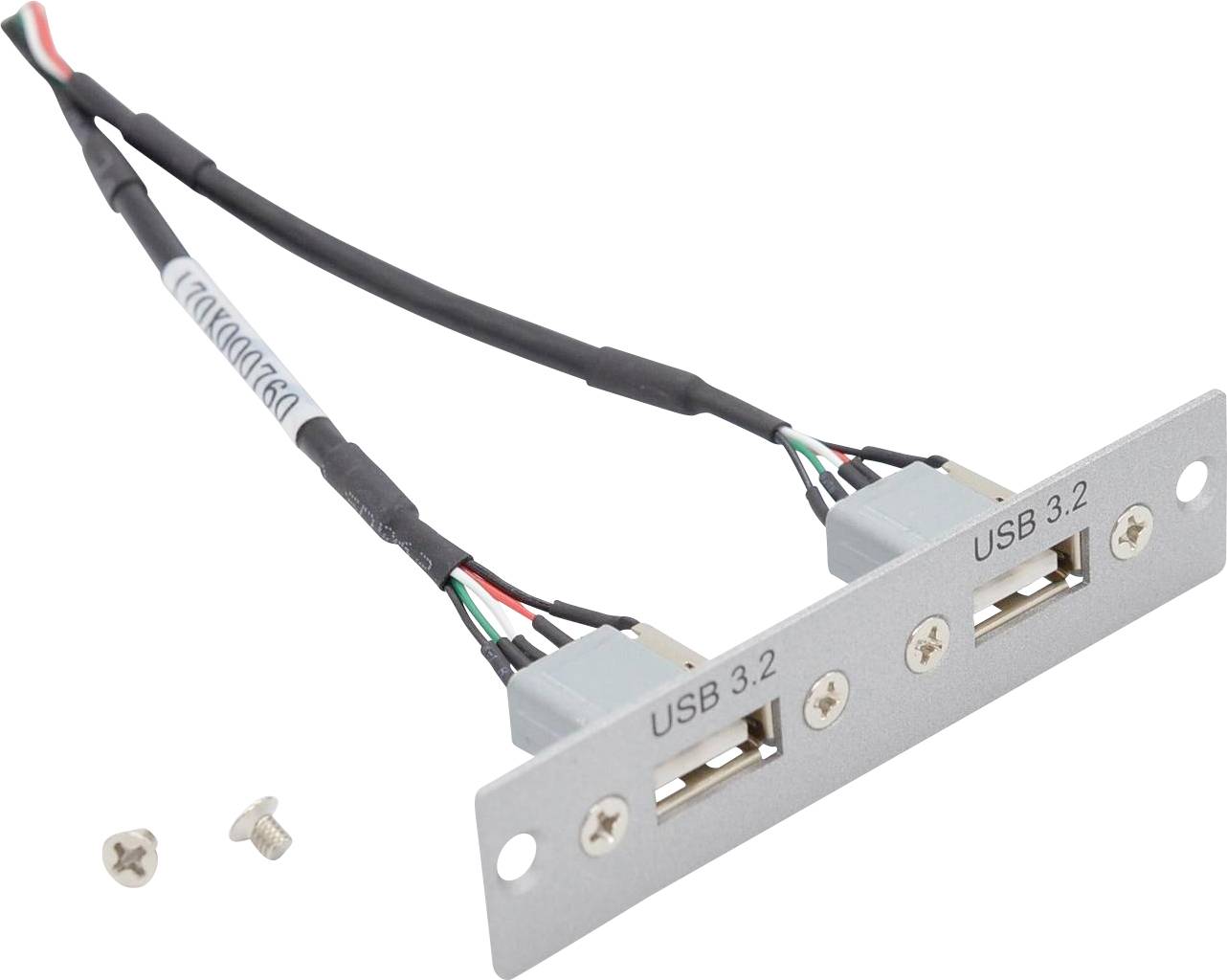 A metal panel with two USB 3.2 ports, with attached cables, and two screws placed beside it.