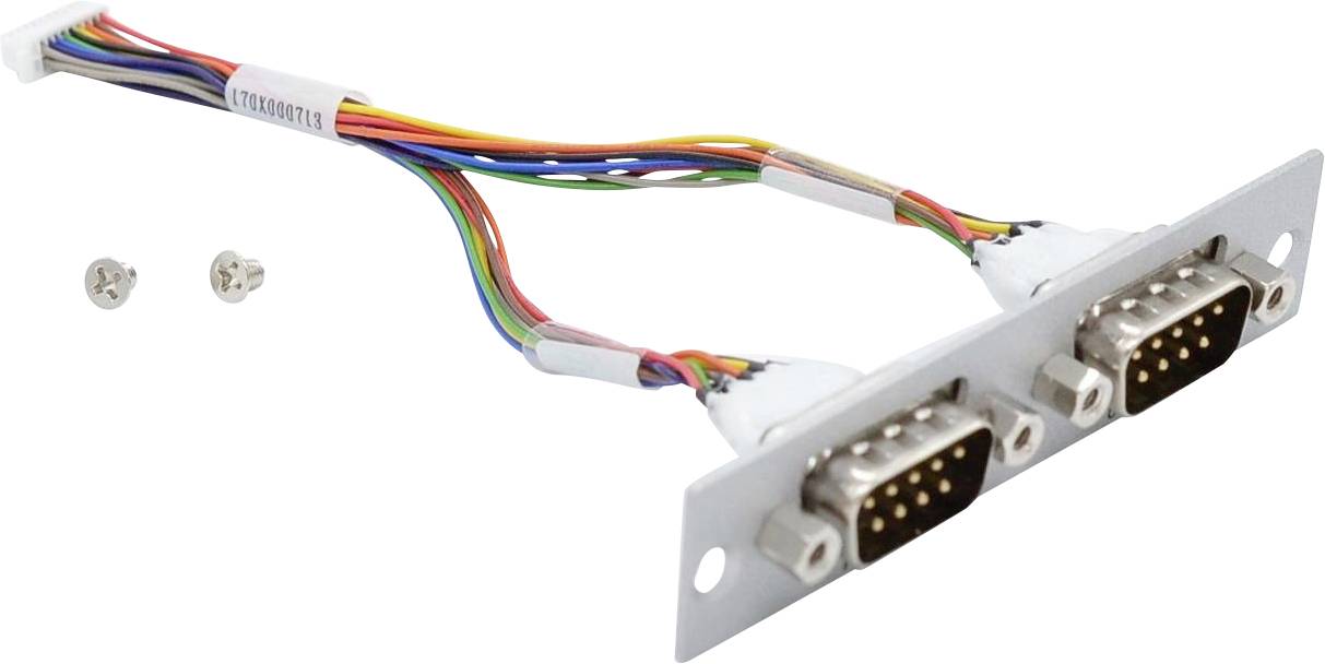 A metal bracket with two attached VGA ports and multicolored wires. Two small screws are included for mounting.