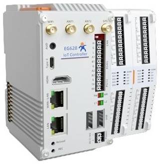 'EG628 IoT Controller' with multiple ports and connectors, including USB Type-C, Ethernet, antennas, and slots for expansion modules.