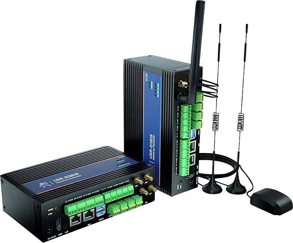 Two communication devices with antennas and multiple green connection ports are displayed. One device shows 'LTE 4G/LTE' label.