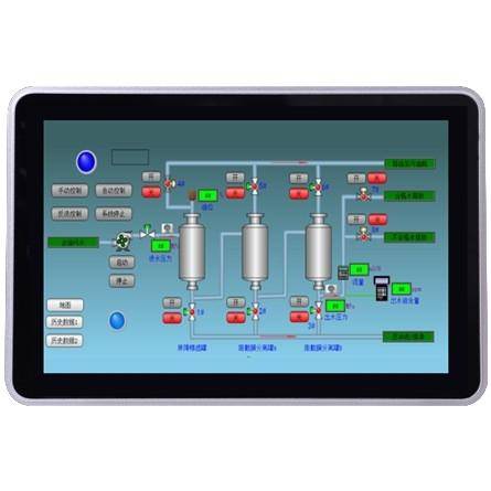 A digital control panel displaying a schematic diagram of an industrial process with tanks, valves, and control buttons labeled in Chinese.