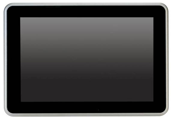 A blank black tablet screen with a light gray frame, showing no content or information.