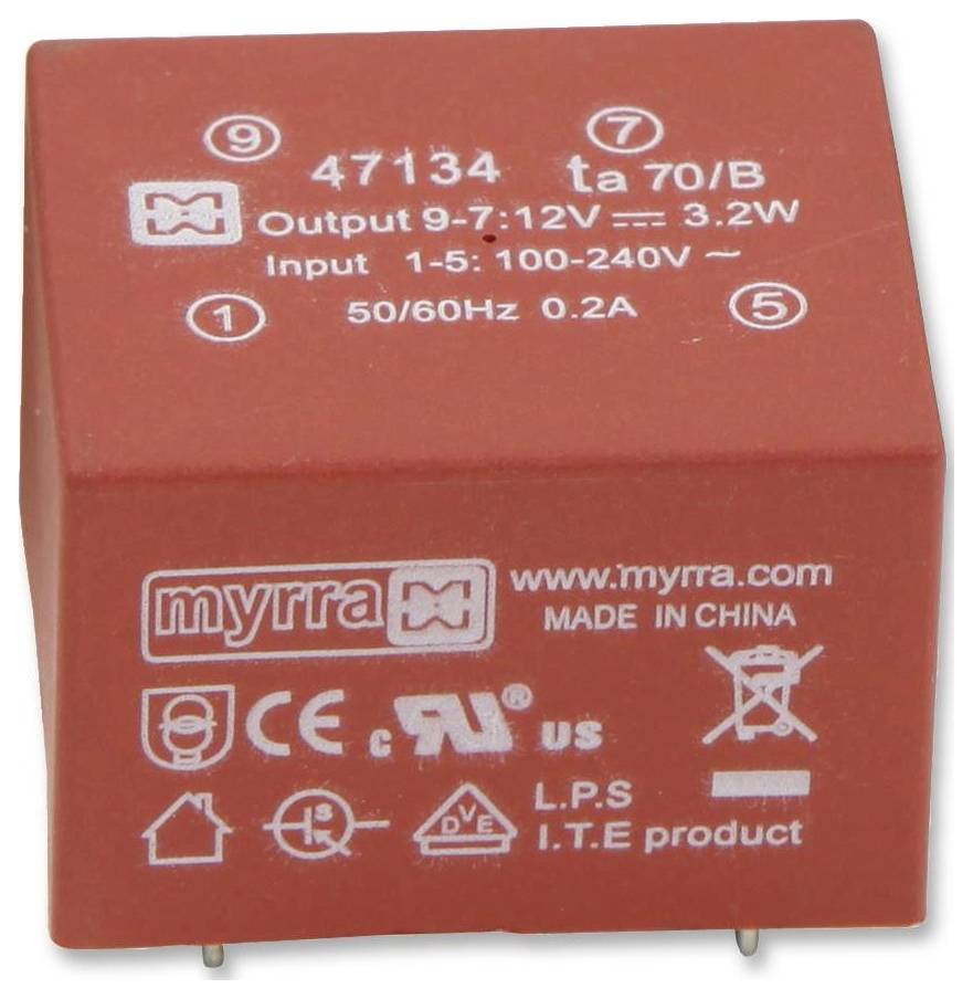 Red electrical component labeled 'Output 9-7-12V, Input 100-240V, 50/60Hz'. Includes safety and certification symbols.