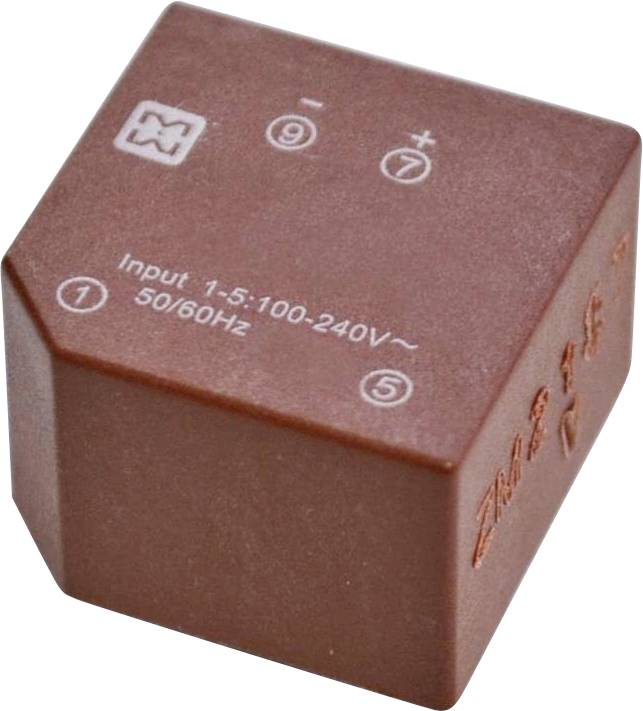 A brown electrical component with symbols, numbers, and text reading 'Input 1-5:100-240V~ 50/60Hz'.
