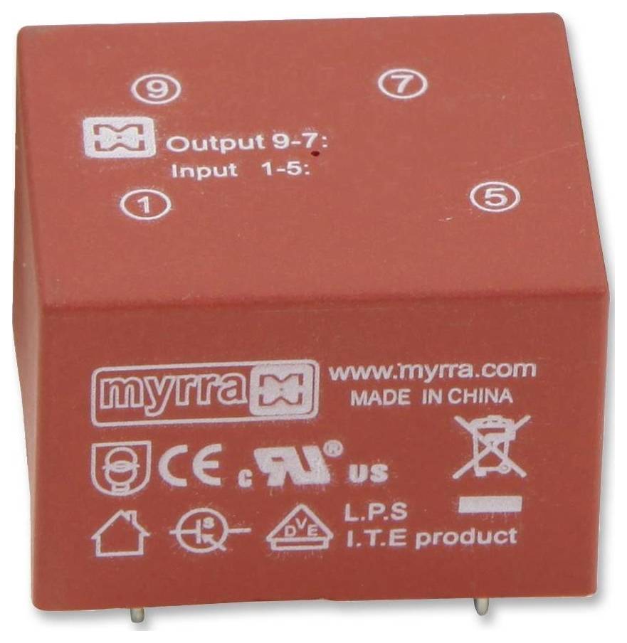 Red electronic component labeled 'myrra', with pins at the base, marked with input and output numbers; certification symbols visible.