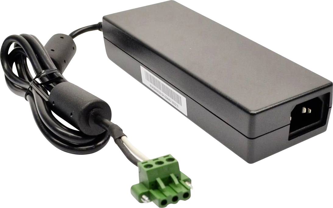 A black rectangular power adapter with a cable that ends in a green three-pin connector.