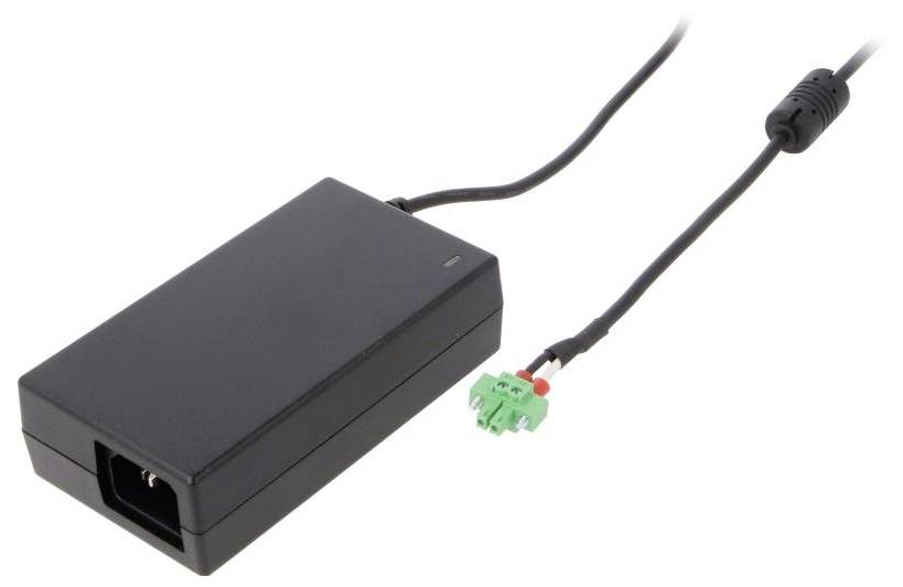 A black power adapter with an output cable ending in a green connector, designed for VGA applications, is shown on a white background.