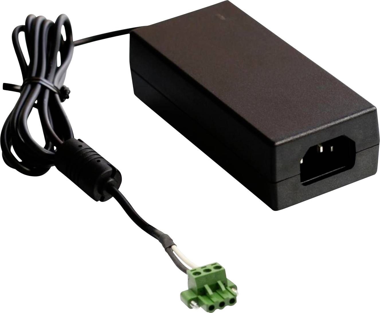 A black power adapter with a three-pin green connector and cable.