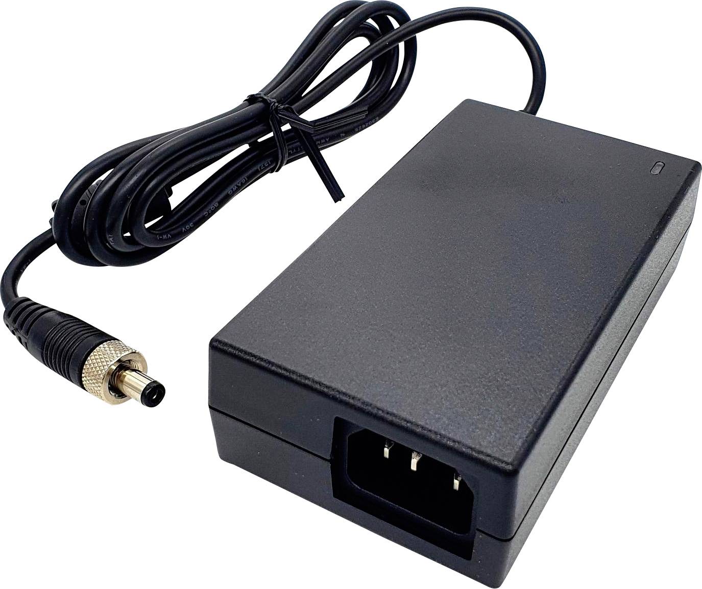 Black power adapter with detachable cable and plug, suitable for electronic devices.