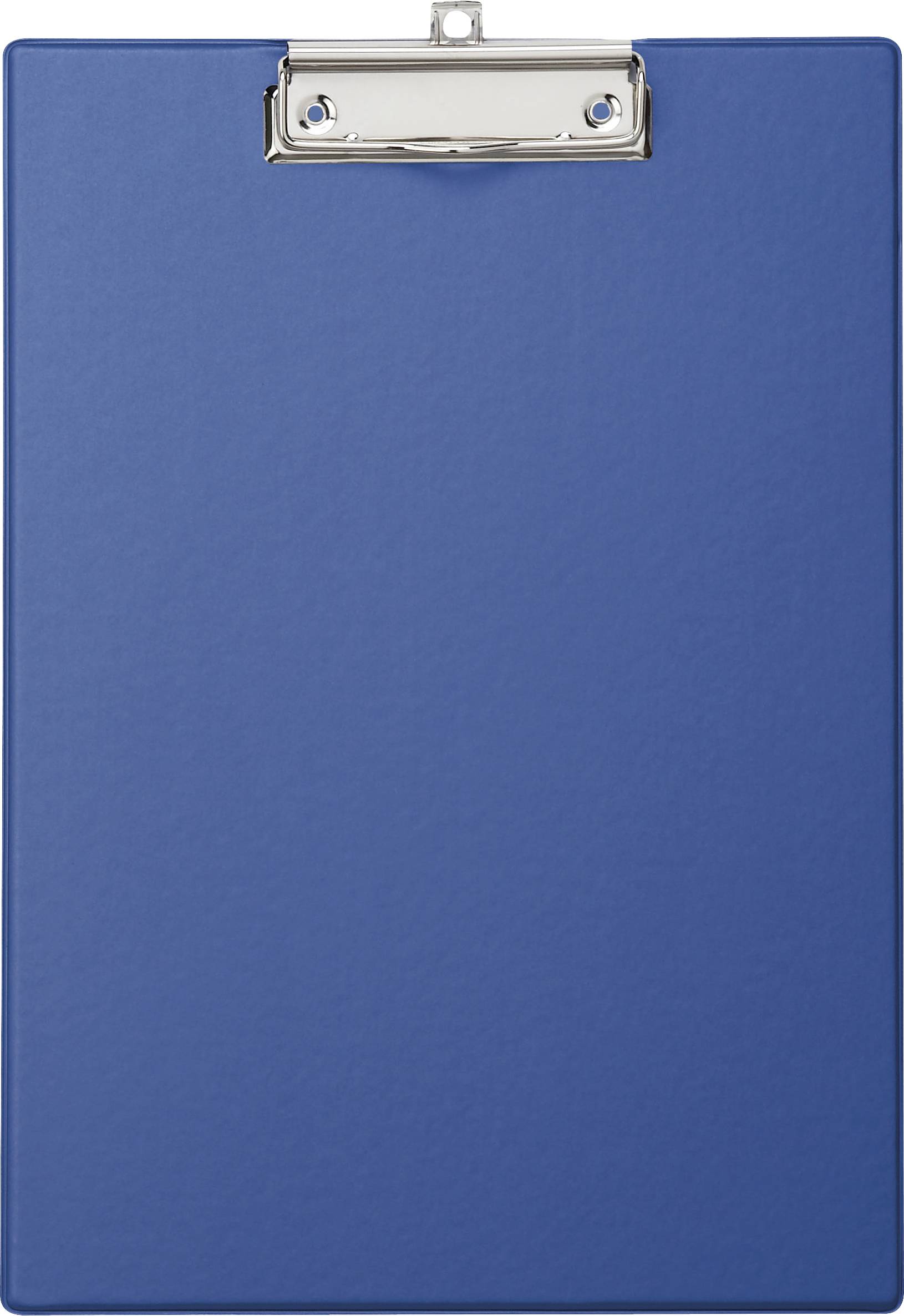 A blue clipboard with a metal clip at the top, used for holding papers.