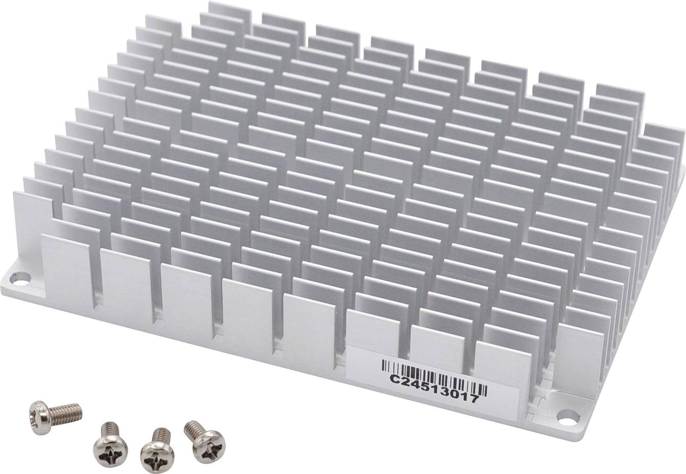 A silver square heat sink with numerous vertical fins, accompanied by three small screws nearby, sits on a white surface.