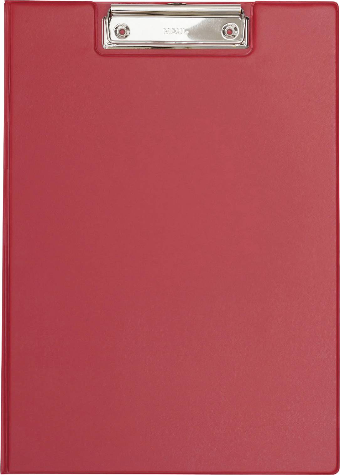 A red clipboard with a metal clip at the top, used for holding papers securely.