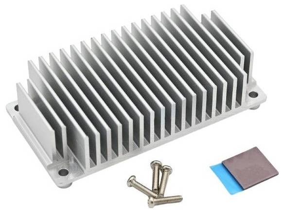 Aluminum heatsink with thermal pads and screws for cooling electronic components.
