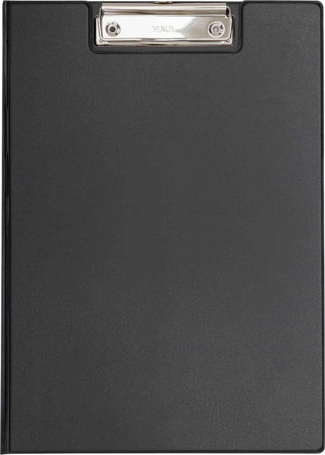 A black clipboard with a metal clip at the top, used for holding documents or papers securely in place.