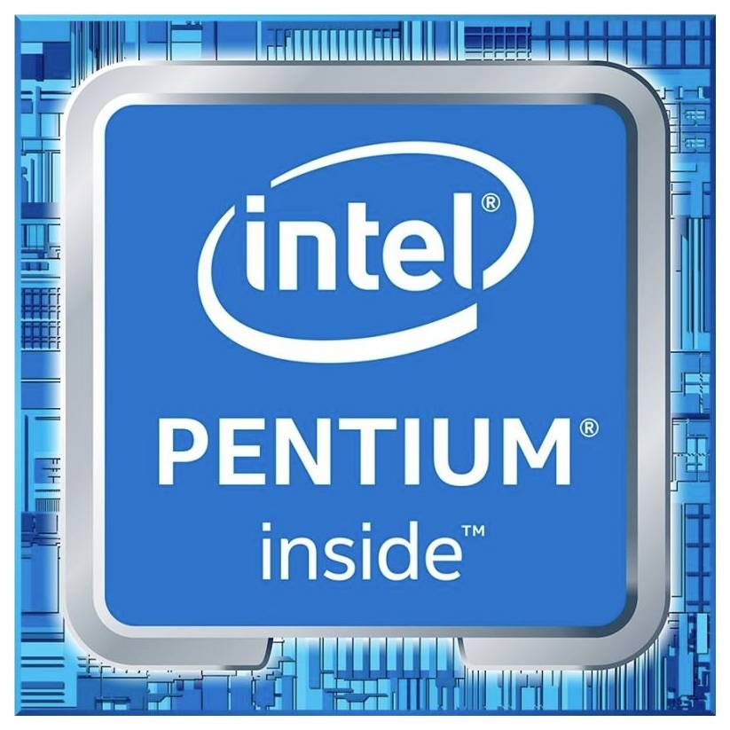 'Intel Pentium inside' logo, featuring a blue square with a silver border and stylized circuit design in the background.