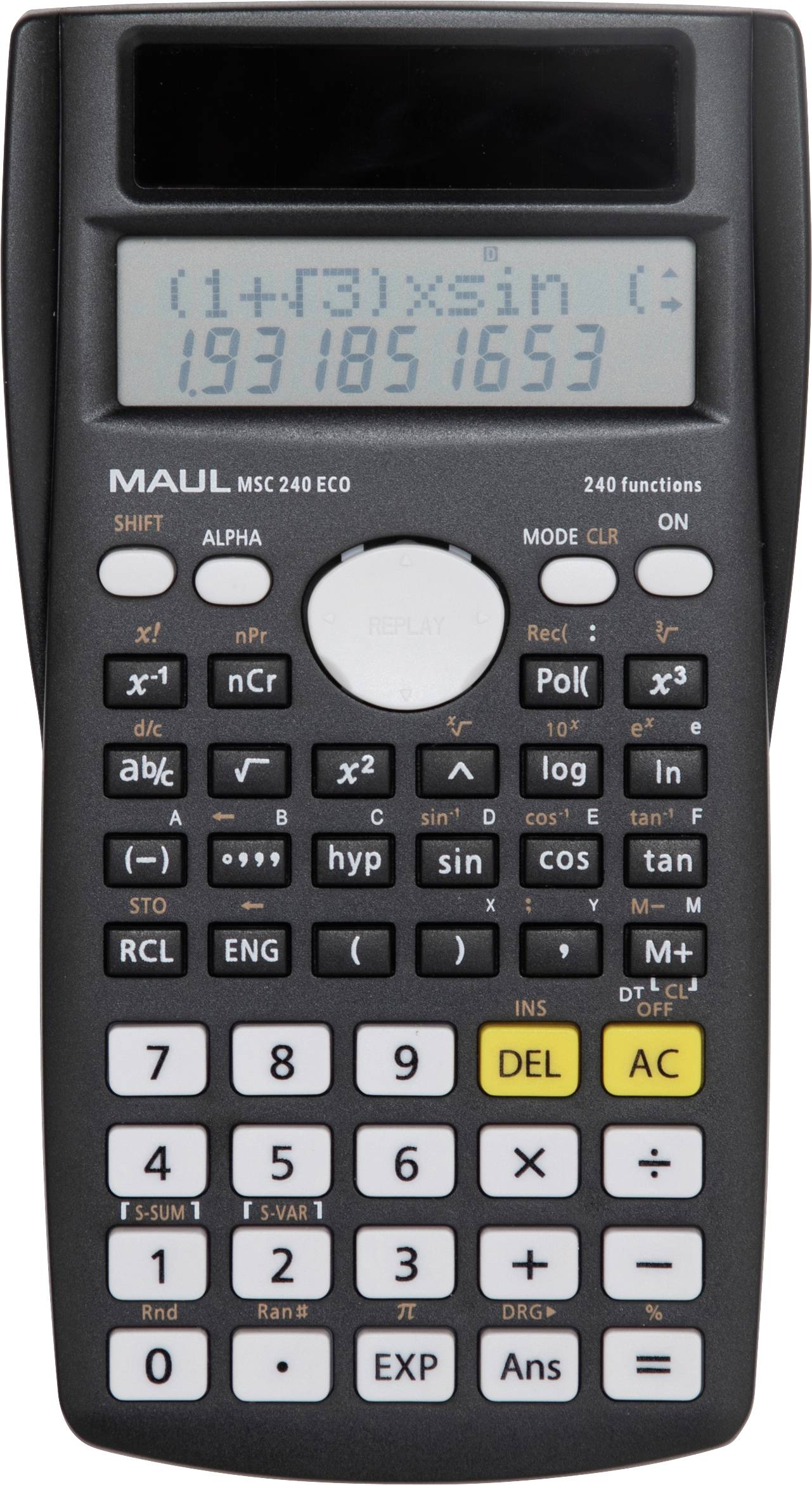 Scientific calculator with various mathematical function buttons and a digital display showing '1+(1+3)xsin(19.3) = 1.931851653'.