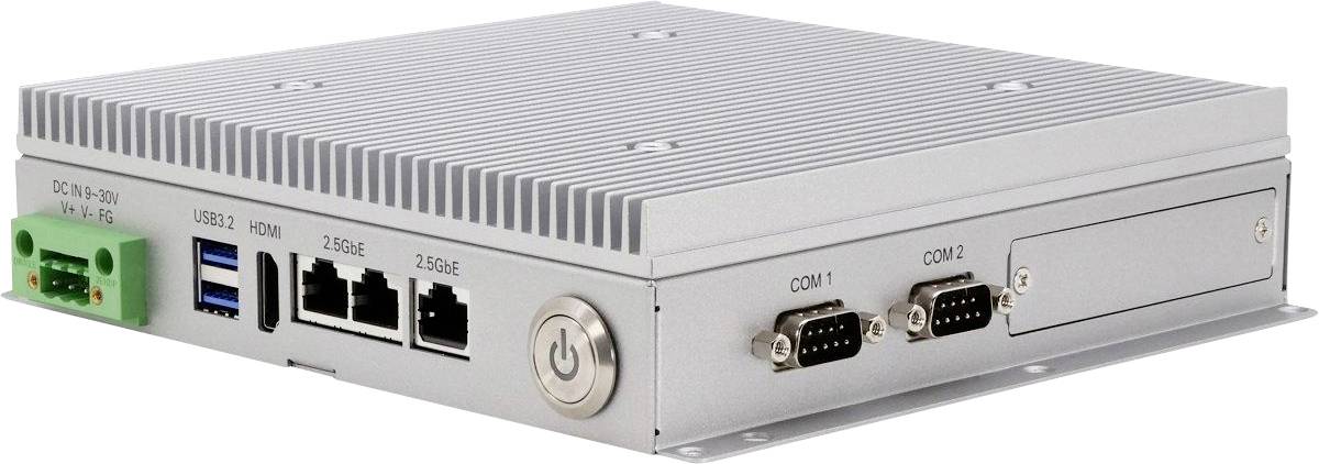 A compact, silver industrial computer with multiple ports and connectors, including ethernet, USB, HDMI, and serial ports.
