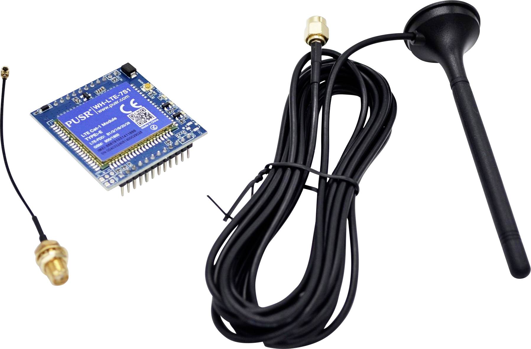 A wireless module with a blue circuit board, antenna connector, and a long black antenna cable coiled, used for radio communication.