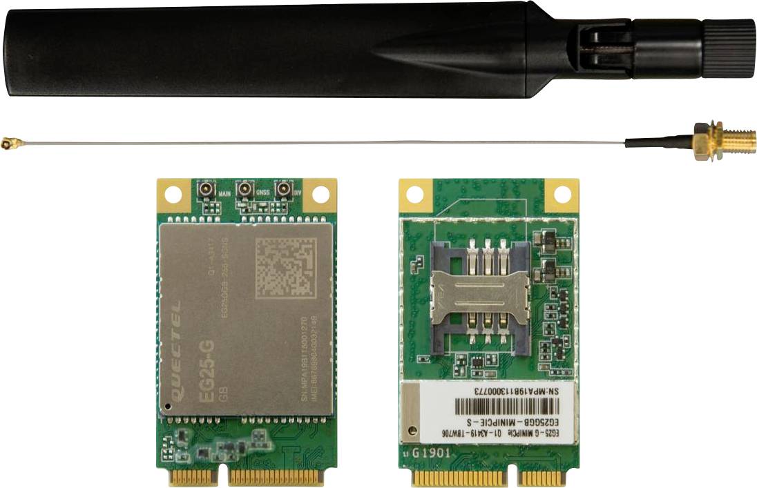 Two circuit boards with connectors and a detached black antenna, likely components for a wireless module or communication device setup.