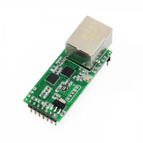 A green circuit board with an Ethernet port and multiple chips, designed for network connectivity in embedded systems.