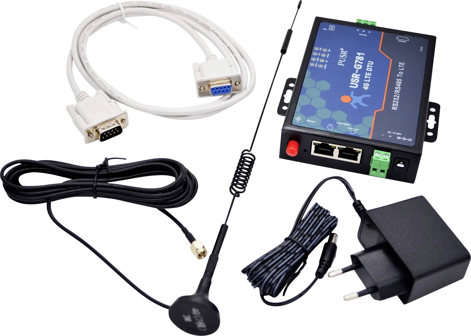 A telecommunication device kit showing a main modem with various ports, an antenna, power adapter, and connecting cables.