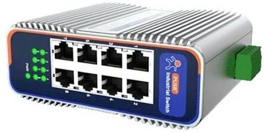 An industrial switch with eight Ethernet ports, LED indicators, and a branded panel on the front; used for network connectivity in industrial settings.