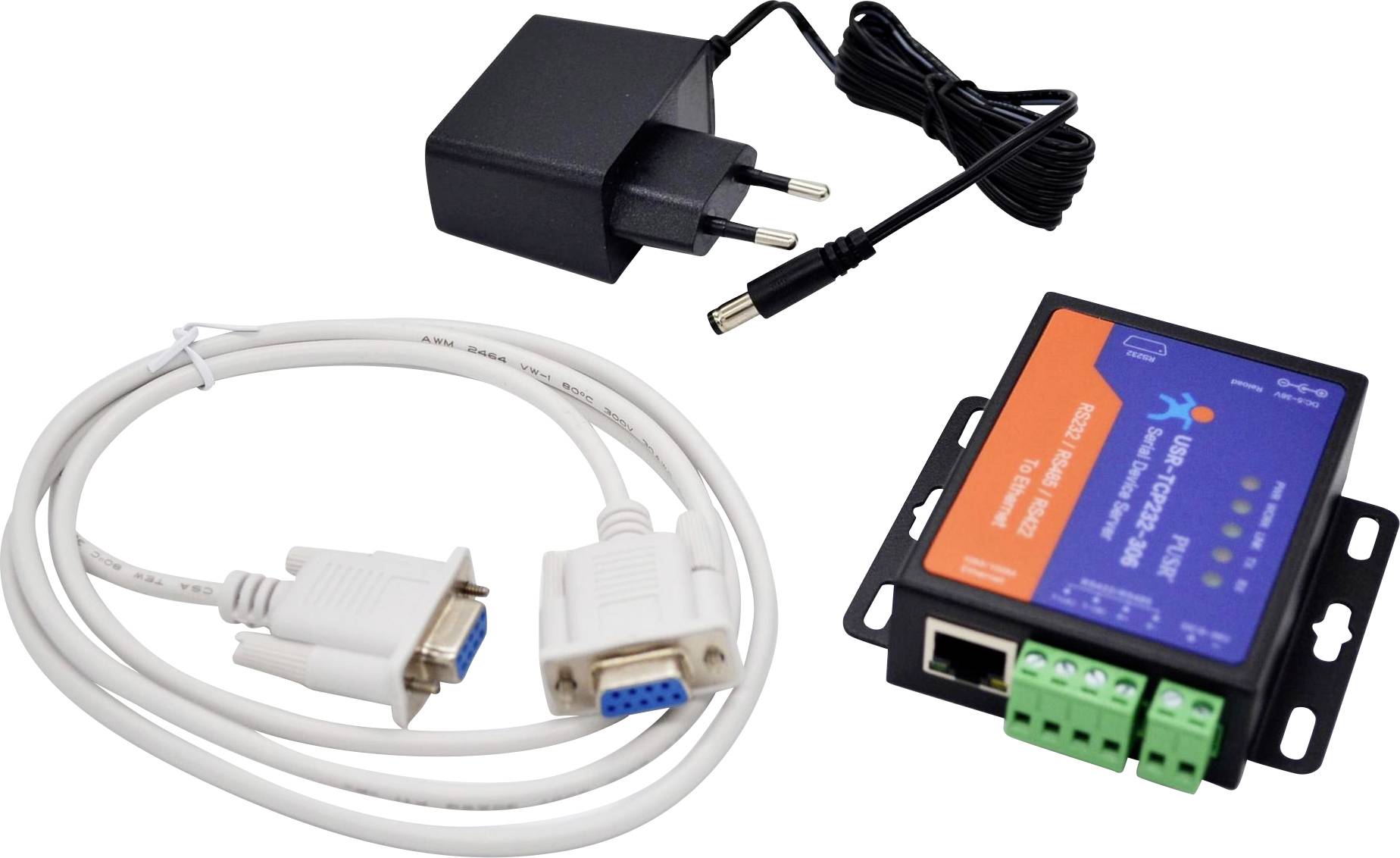 A power adapter, a serial cable with connectors, and a network interface device with ports and status indicators are arranged on a white background.