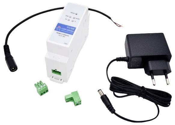 A power supply converter kit is displayed, including a black plug adapter, a white converter unit with a blue label, and green connectors.