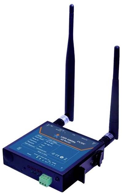 A black IoT gateway device with two antennas and indicator lights, designed for remote monitoring and data transmission.