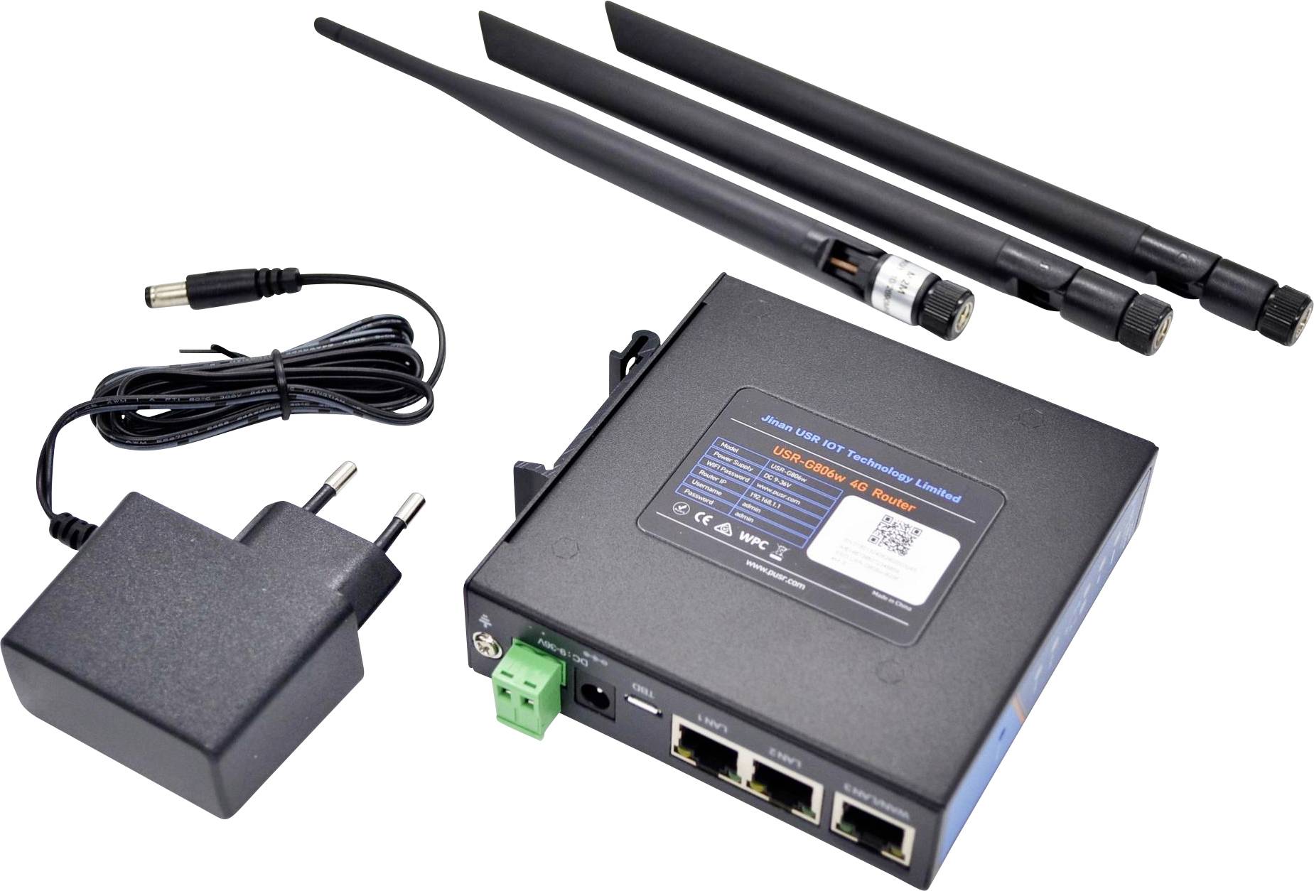 A wireless router with three detachable antennas, a power adapter, and a cable, designed for internet connectivity and network distribution.