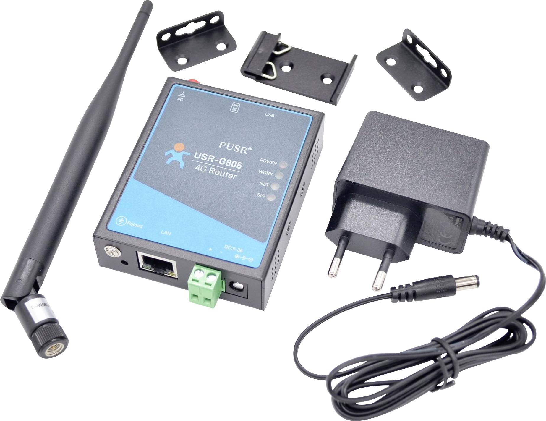 'USR-G805 4G Router' with an antenna, power adapter, and mounting brackets included.