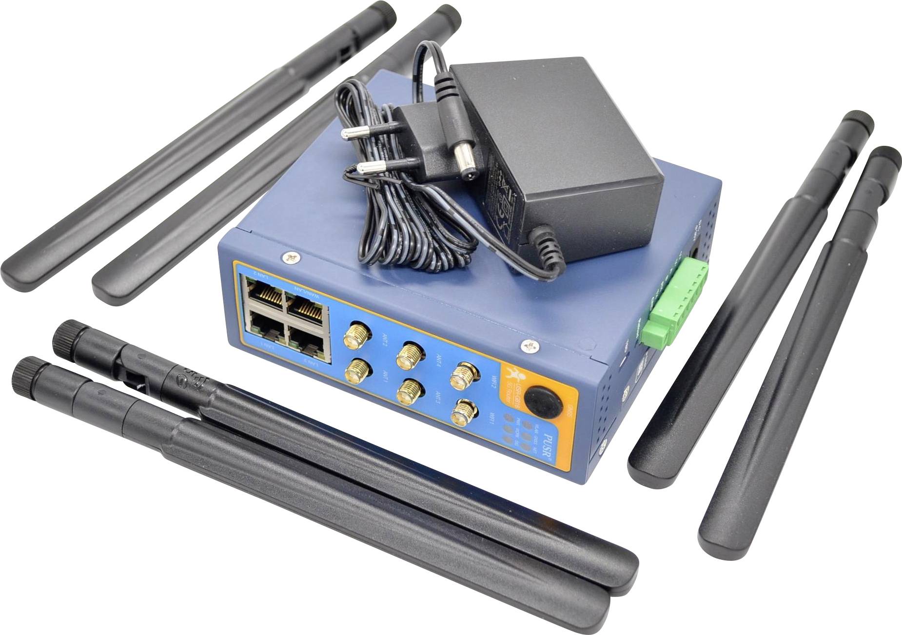 Industrial wireless router with multiple antennas, Ethernet ports, and a power adapter. Designed for robust internet connectivity solutions.