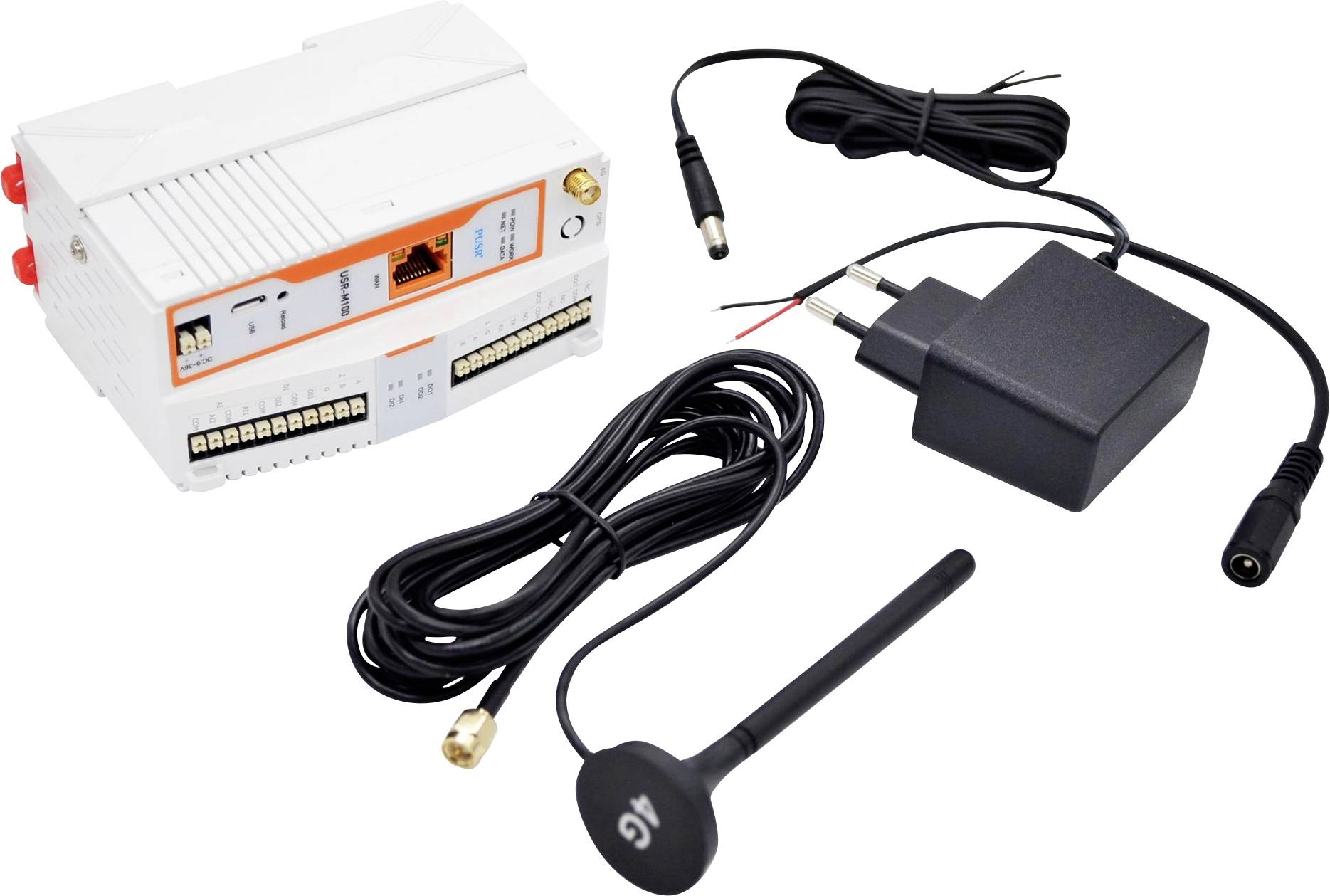 A set of electronic components including a white device with connectors, a power adapter, a long black cable, and an antenna.
