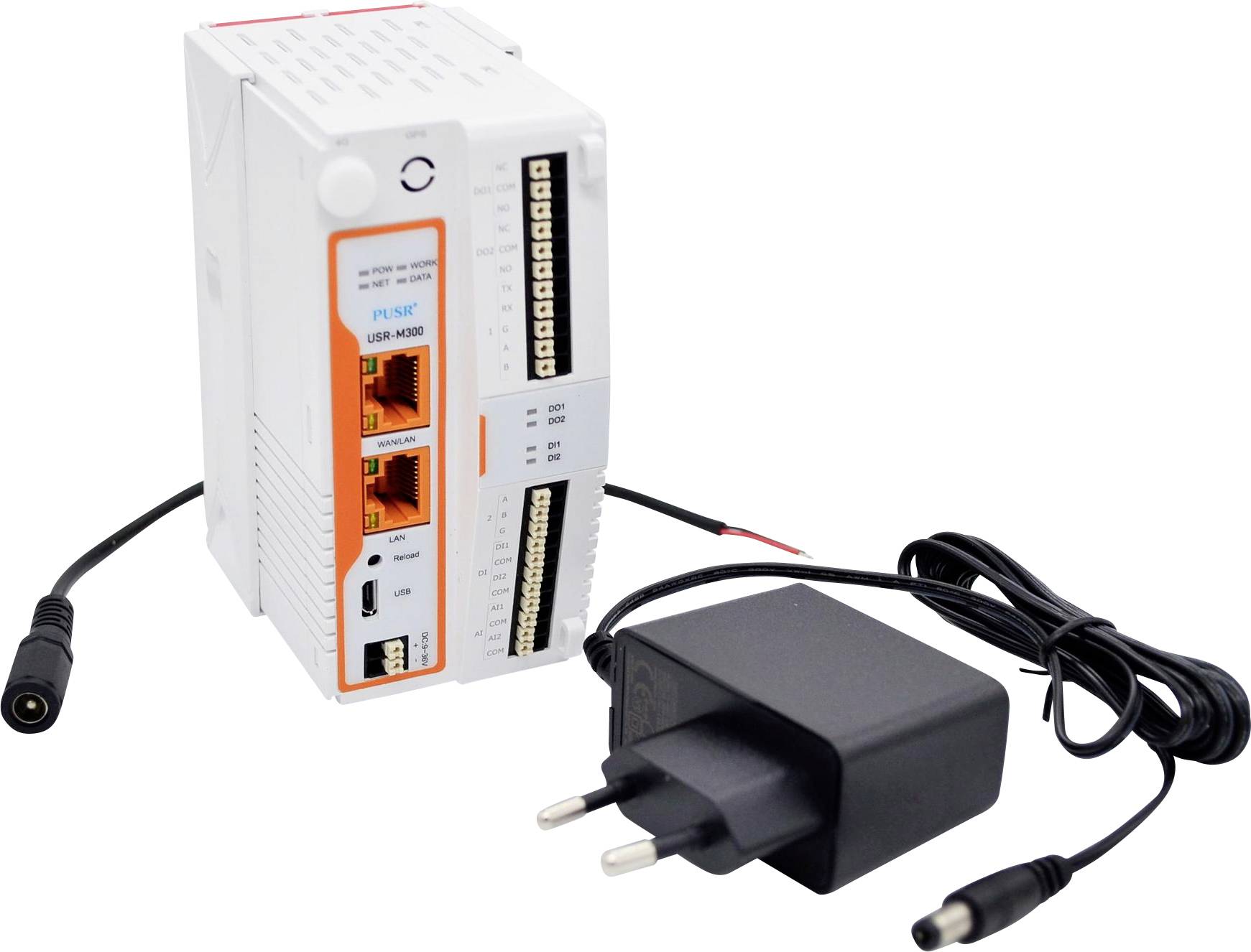 A white industrial PLC device with various ports and connectors is shown next to a black AC power adapter with a two-prong plug.