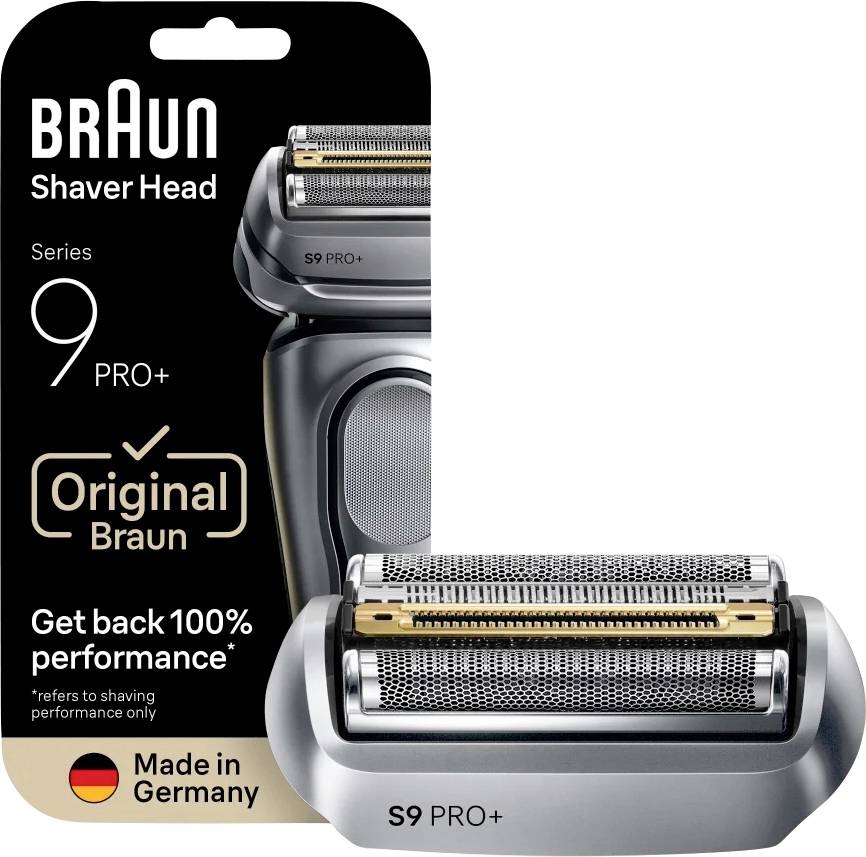 'Braun Series 9 PRO+ shaver head with gold elements, labeled 'Original Braun', promises 100% performance restoration; made in Germany.'
