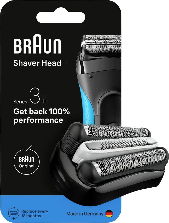 'Braun Shaver Head Series 3+' packaging with text 'Get back 100% performance', highlights the shaver head design, made in Germany.