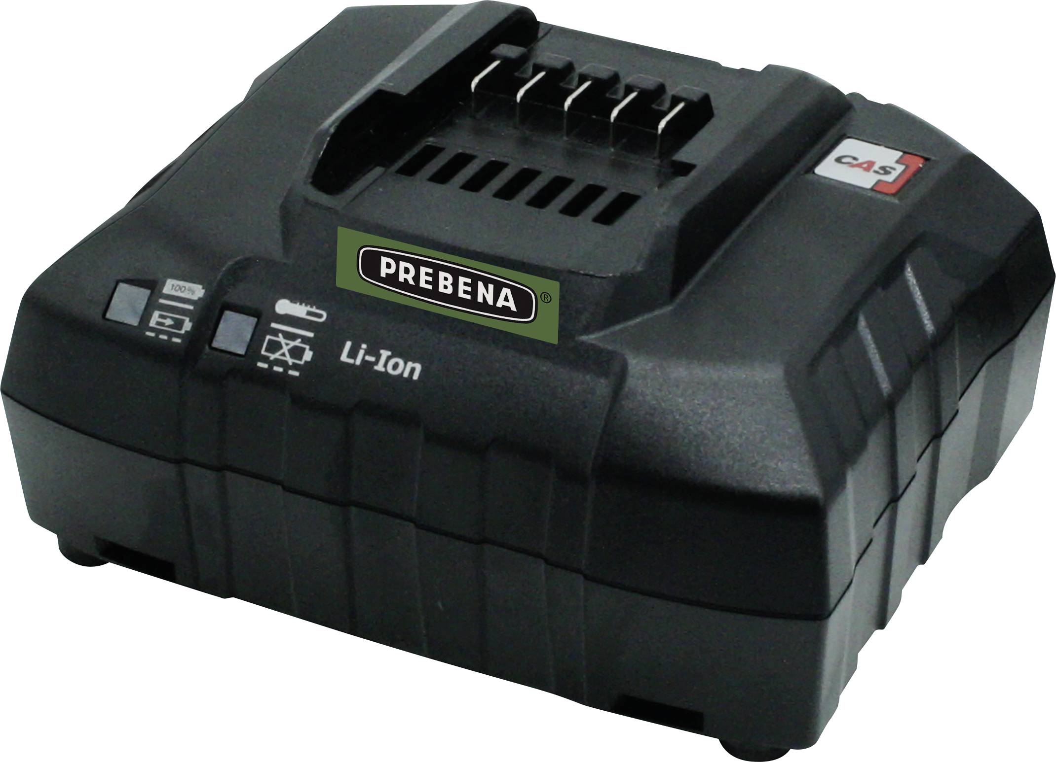 Battery charger labeled 'PREBENA' for Li-Ion batteries with indicator lights for charge status, designed for professional use.