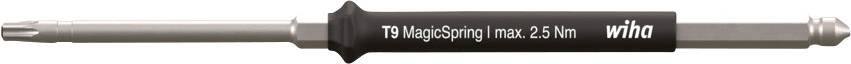A silver tool with a black center labeled 'T10 MagicSpring max. 25 Nm wiha', featuring a hexagonal end and a pointed tip.