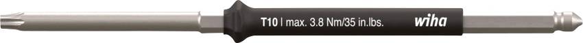 Wiha screwdriver bit with 'T10' marking, designed for 3.8 Nm max torque, features a Torx head for precision fastening.