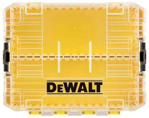 'Dewalt' branded, transparent orange plastic box with black latches, used for storing tools or small accessories.