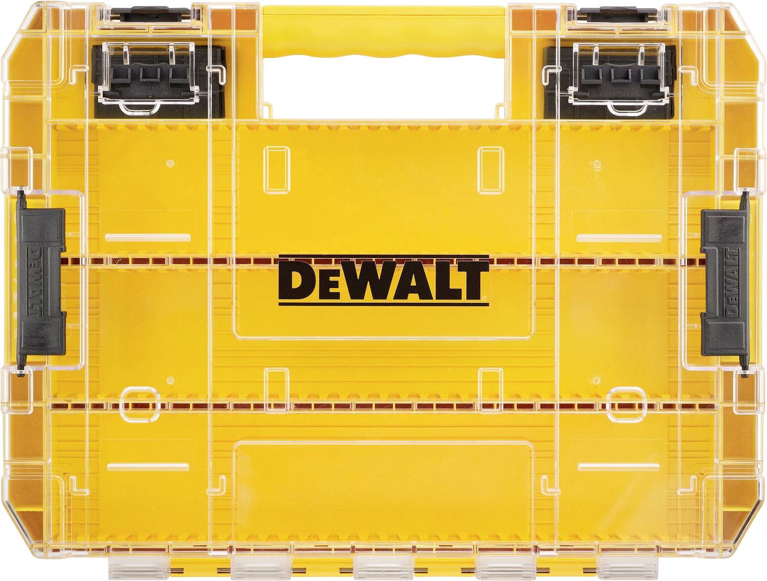 A yellow plastic tool case with a clear lid features the 'DEWALT' logo in black. The case has a top handle and secure latches.
