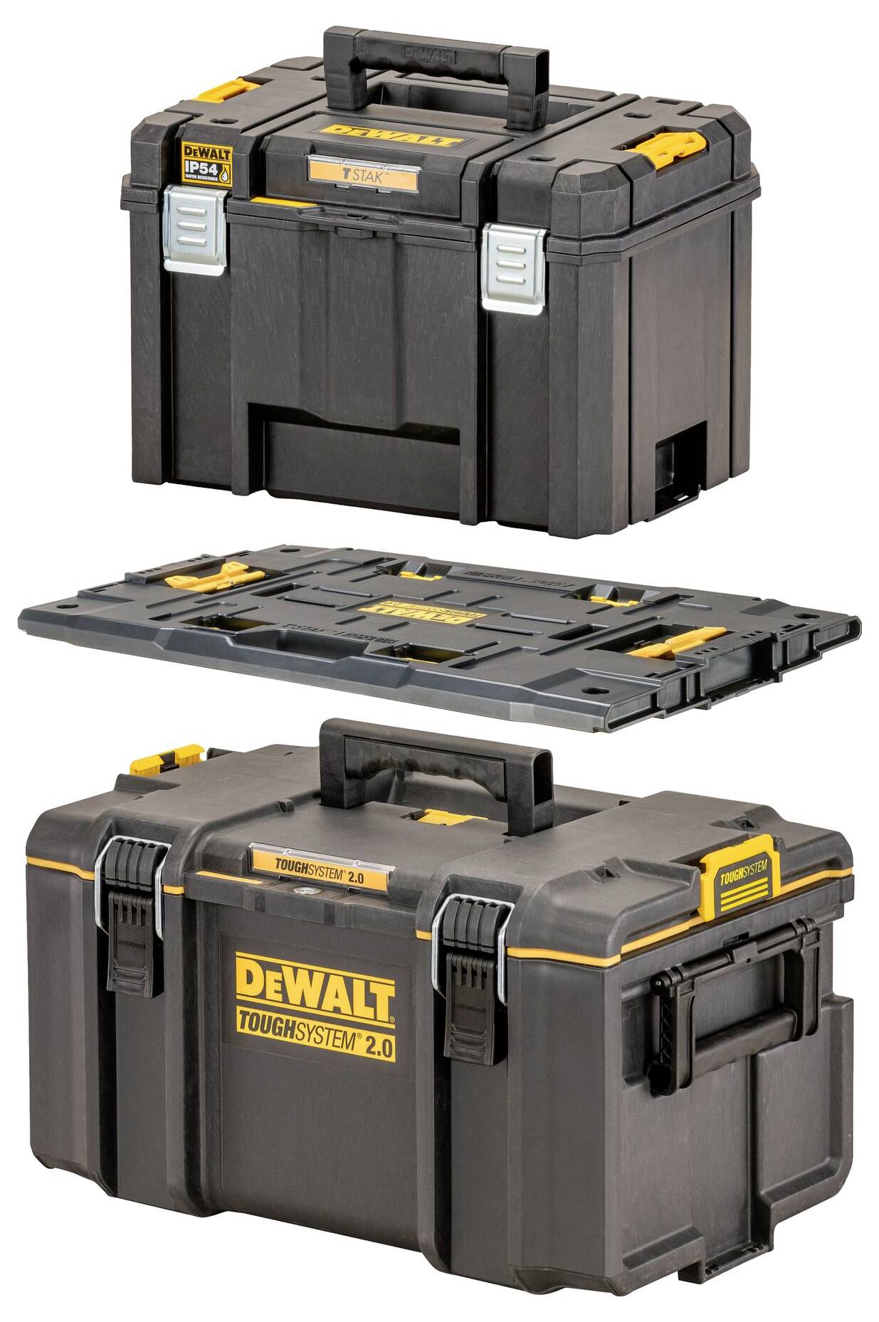 Three black and yellow DeWalt ToughSystem 2.0 toolboxes: one open, one closed, showing robust handle and stacking capability.