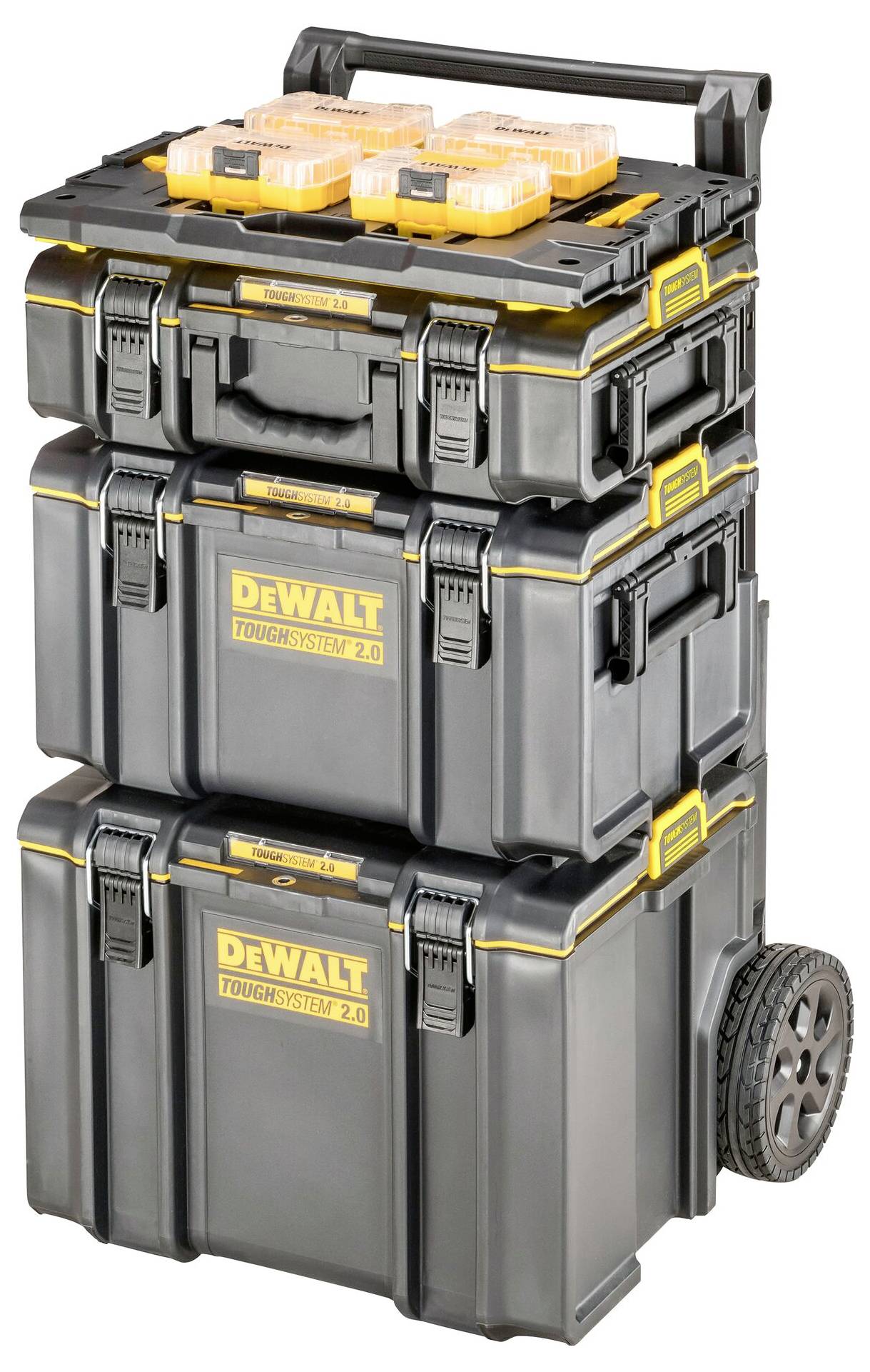 'ToughSystem 2.0' mobile tool storage stack with three black and yellow DeWalt boxes on wheels, designed for easy transport.