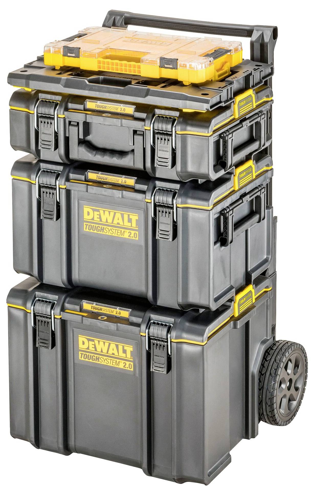 Stacked modular toolboxes with wheels, labeled DeWalt ToughSystem 2.0, designed for portable tool organization and transport.