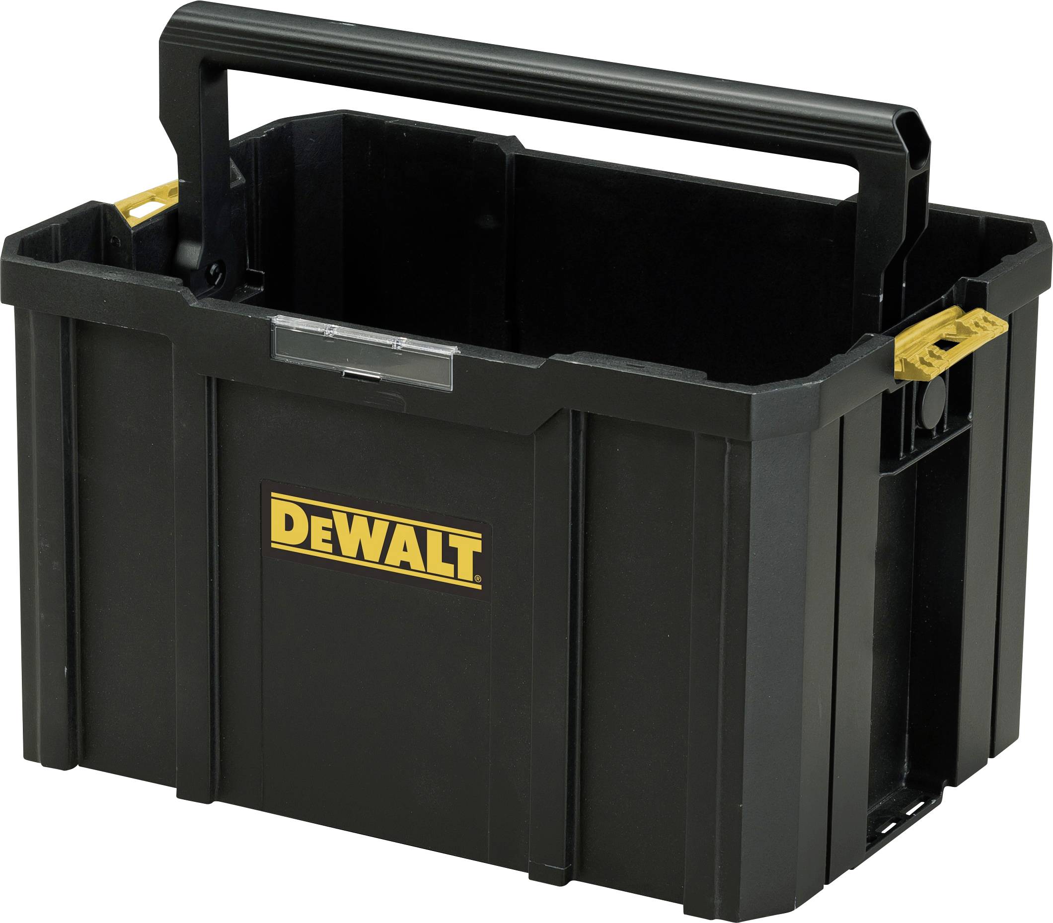A black DeWalt toolbox with a sturdy handle, designed for tool storage and transport. It features the DeWalt logo on the side.