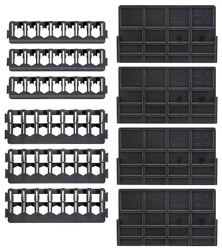 Black plastic connectors for modular assembly and organization, featuring uniform slots and sturdy construction.